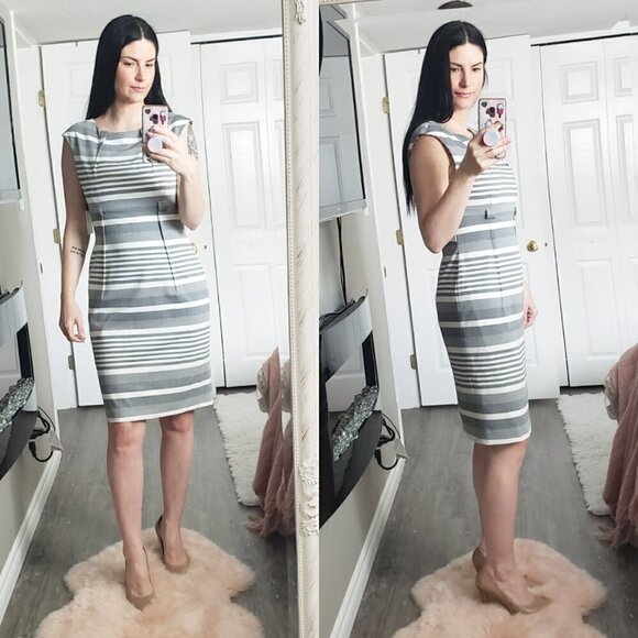 Calvin Klein * Grey White Stripe Shift Dress  NEW - Picture 1 of 10